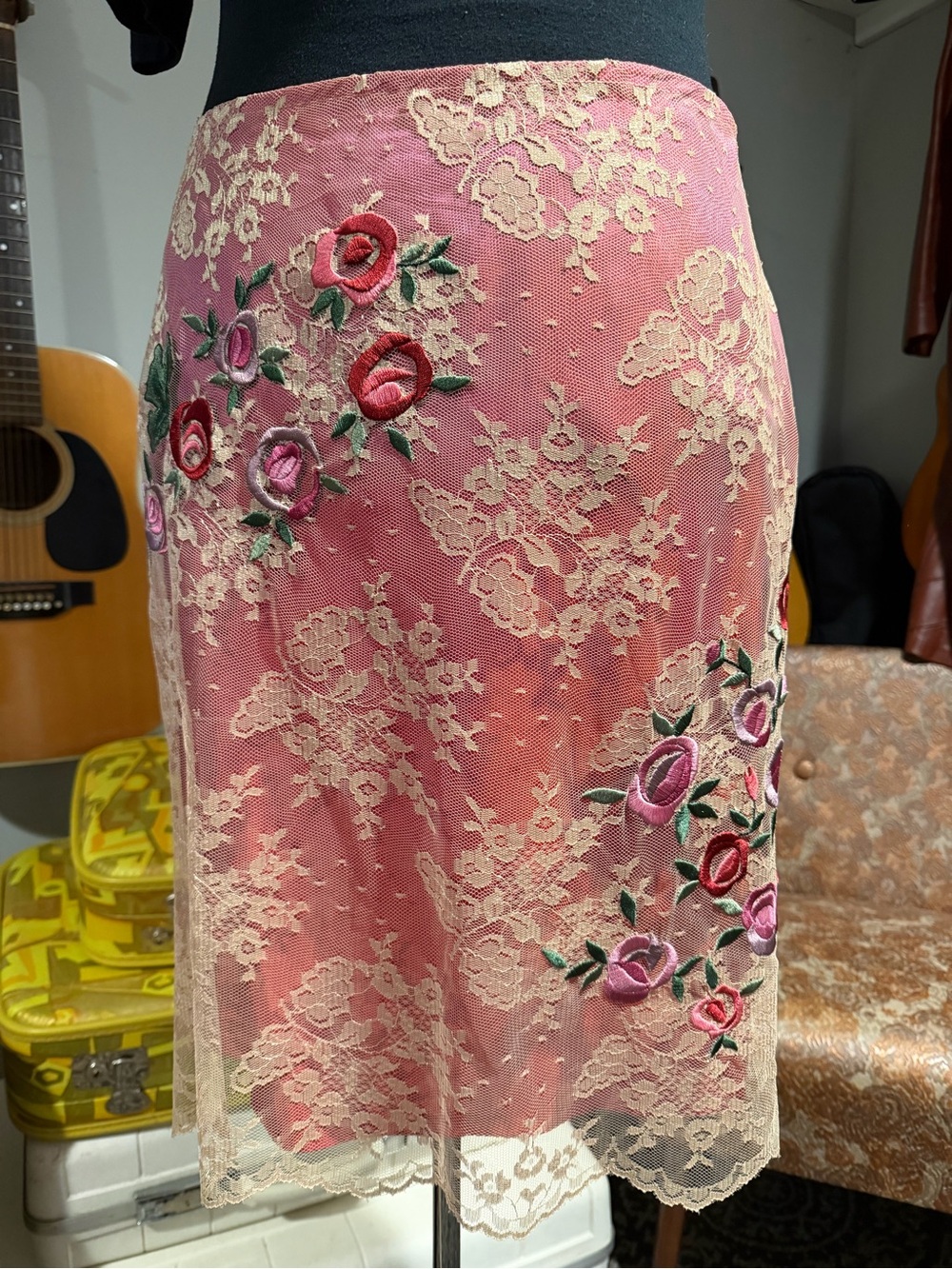 Muse Pink Lace Overlay Midi Skirt with Floral Embroidery
